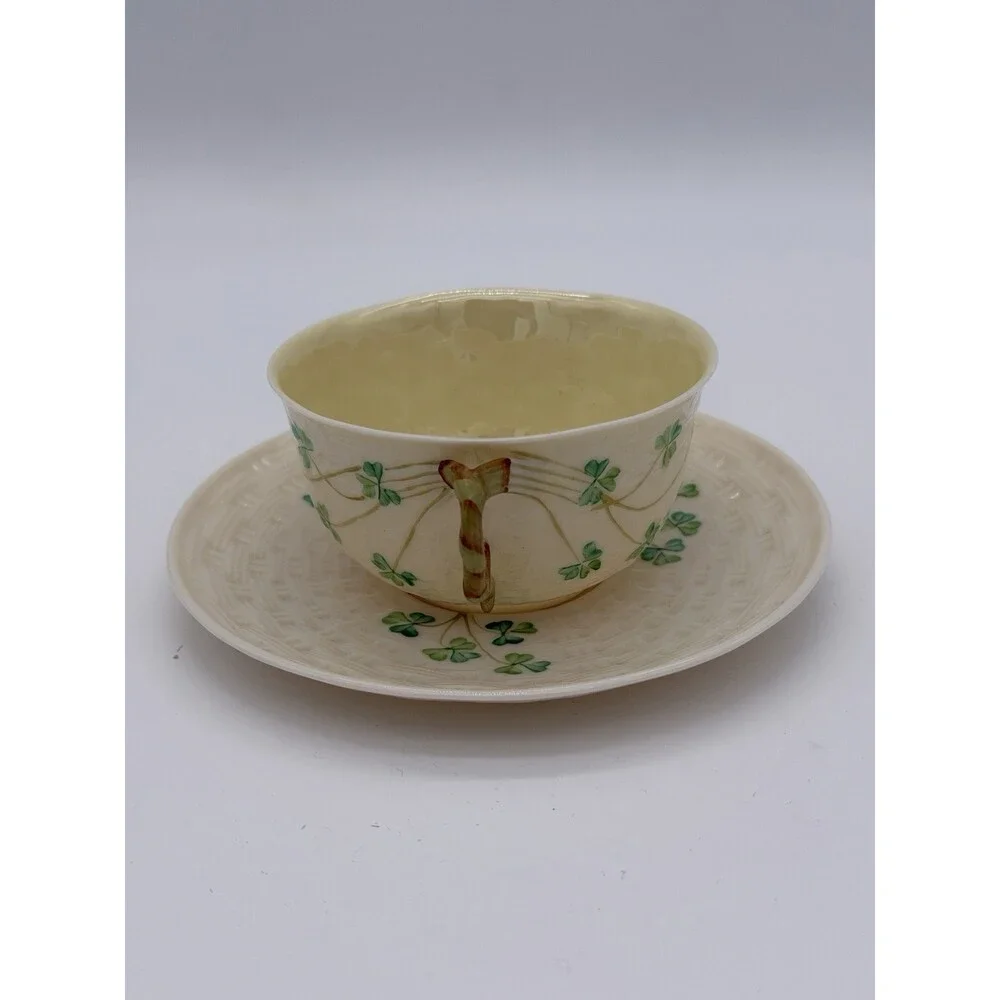 Belleek Irish Porcelain Shamrock Teacup & Saucer 5th Green Mark 1955–1965
